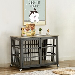 44.3 ''W Grey Furniture style dog crate wrought iron frame door with ...