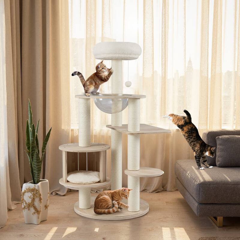 Gymax 52'' Tall Wooden Cat Tree w/Condo Perch Space Capsule Scratching