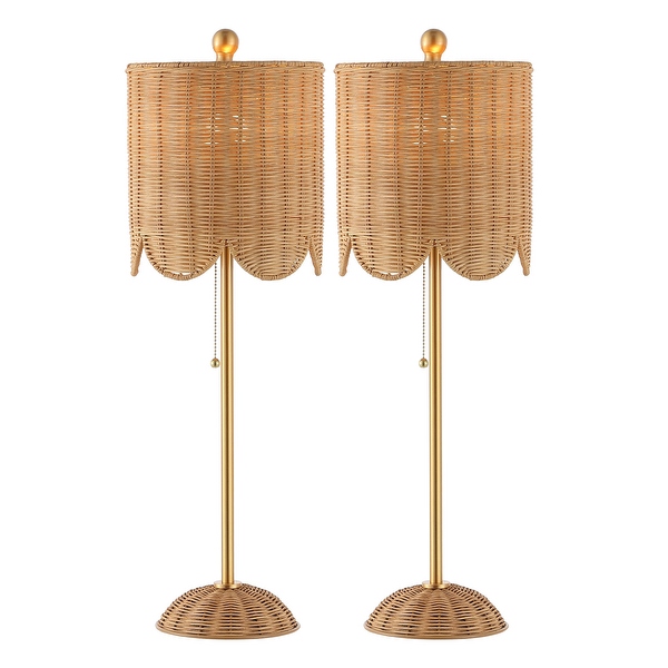 Aksel 27.5 Coastal Rattan Iron Scalloped Buffet LED Table Lamp with Pull Chain Natural Brass Gold Set of 2 by Jonathan Y