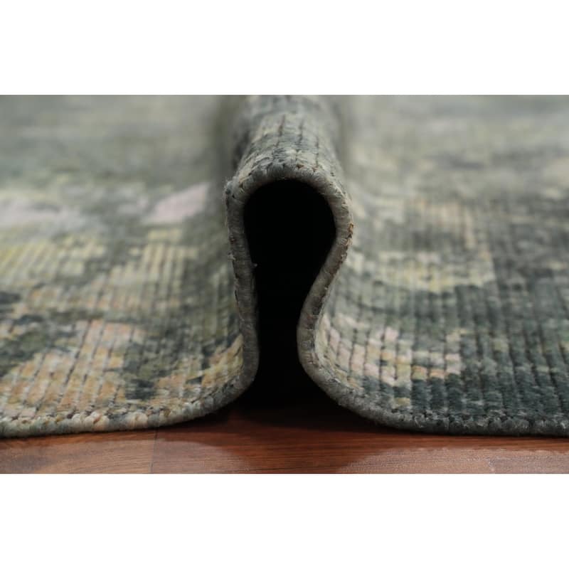 Hand Knotted Oriental Viscose Silk Carpet Modern All-Over Green Abstract Area Rug - 7' 9'' X 5' 6''