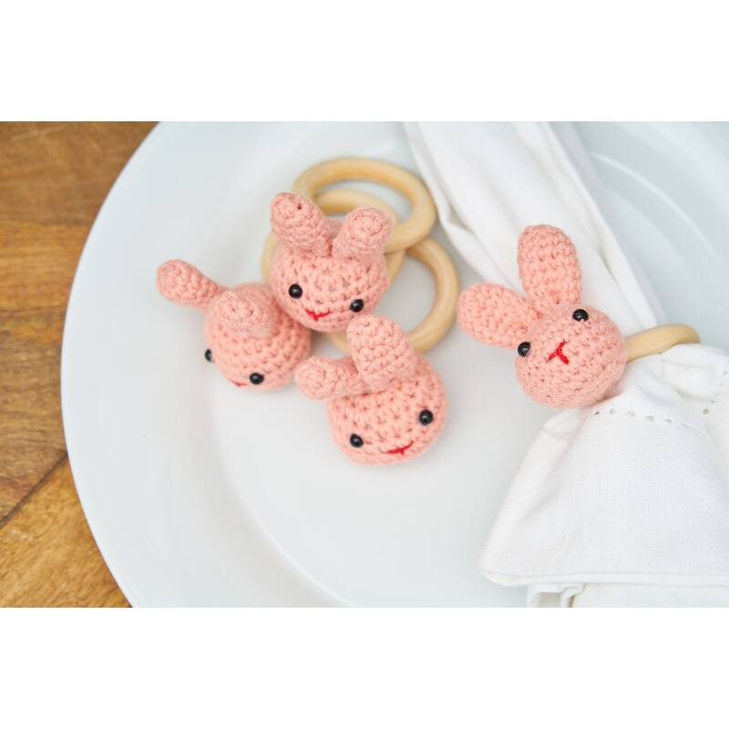 Easter Pink Knitted Bunny Rabbit Napkin Rings Set of 4