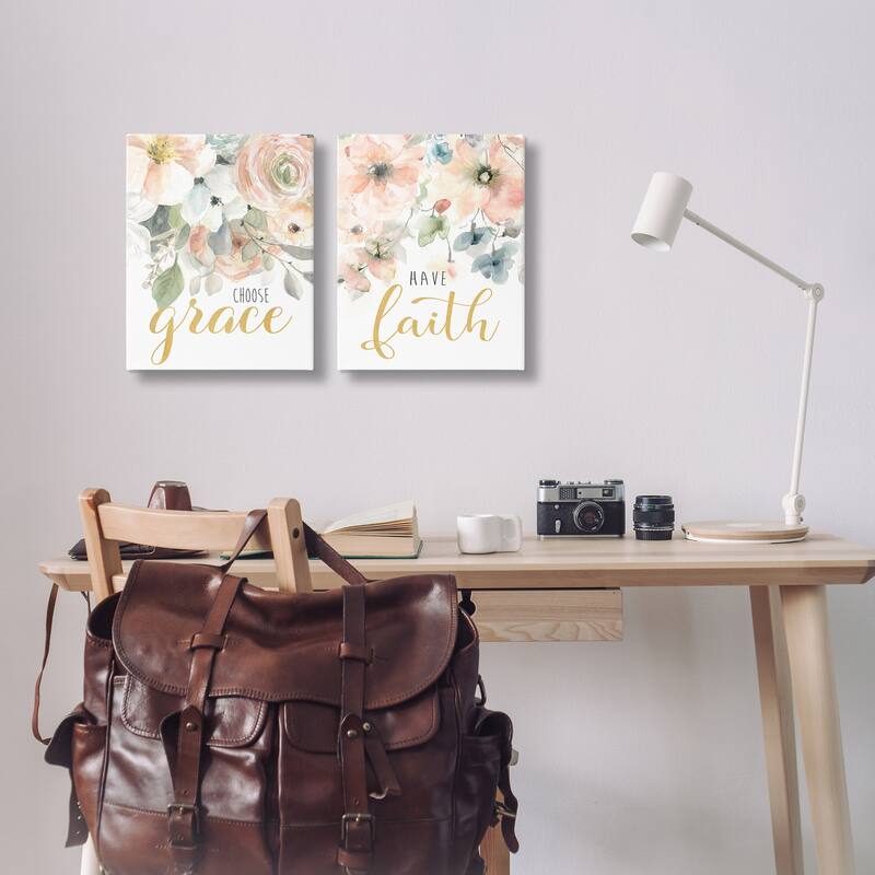 Stupell Spiritual Phrases on Florals Canvas Wall Art Design By Carol Robinson (Set of 2)