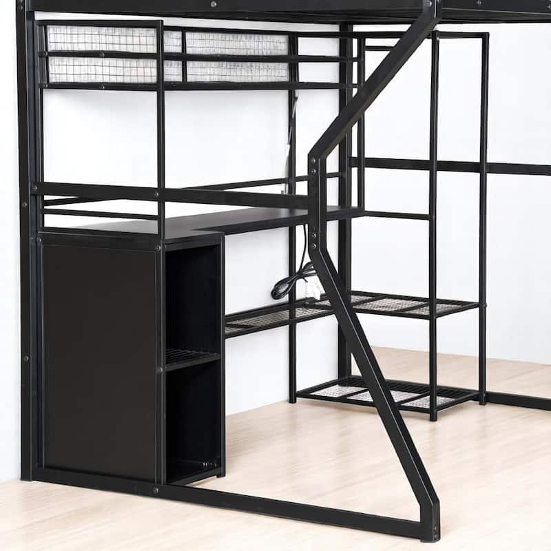 Black Full Metal Loft Bed with Workstation, LED Lights, Storage Cabinet, USB Charging & Open Closet