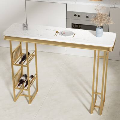 Merax Modern Straight Bar Table with Shelves, White & Gold