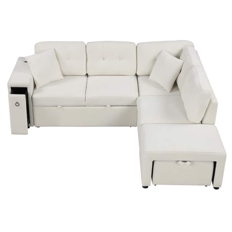 86.6" L-Shaped 4-Seat Sectional Sofa with Pull-Out Bed, Movable Ottoman, USB Ports, and Drop-Down Table Cup Holder