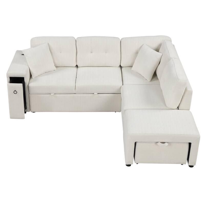 Convertible Sectional Sofa Bed with Ottoman, Chenille L-Shaped Pull Out Couch with Drawer 2 USB Ports & 2 Cup Holders