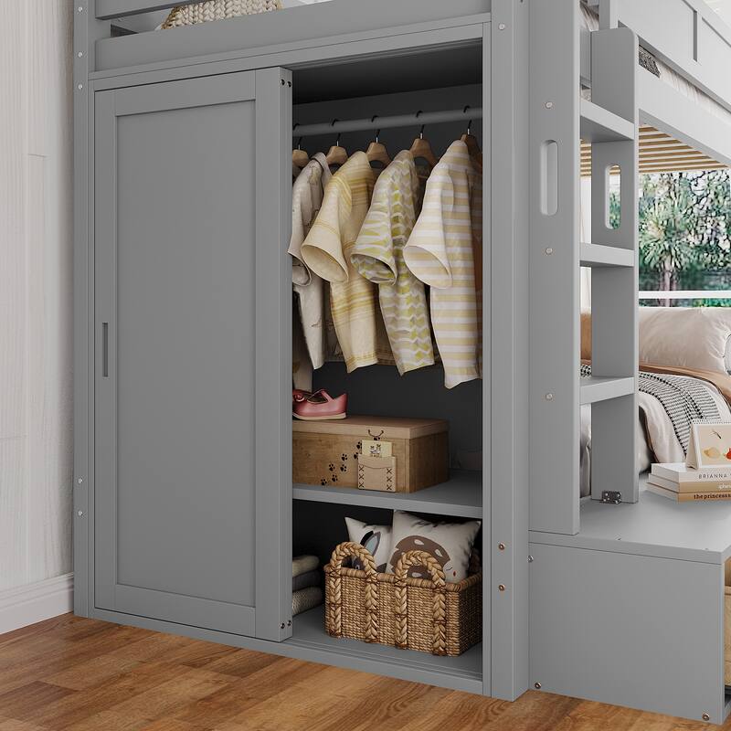 Roomfitters Twin over Twin/Full Bunk Bed with Wardrobe and 4 Drawers, Solid Wood Frame