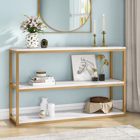 Faux Marble Gold Entry Console Table with Storage, White