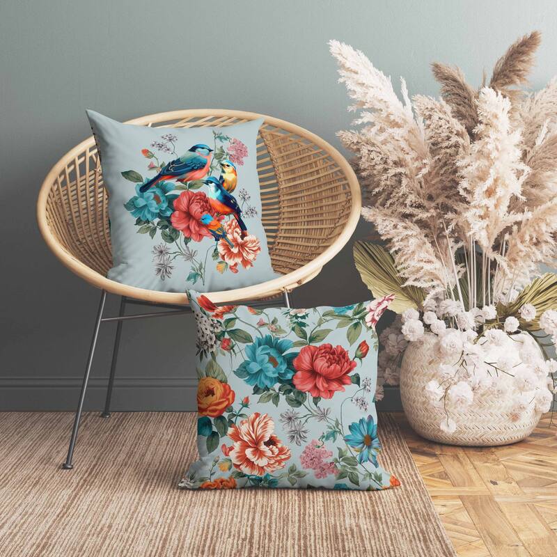 Petal Perched Birds Indoor/Outdoor Reversible Throw Pillow Mint and Red