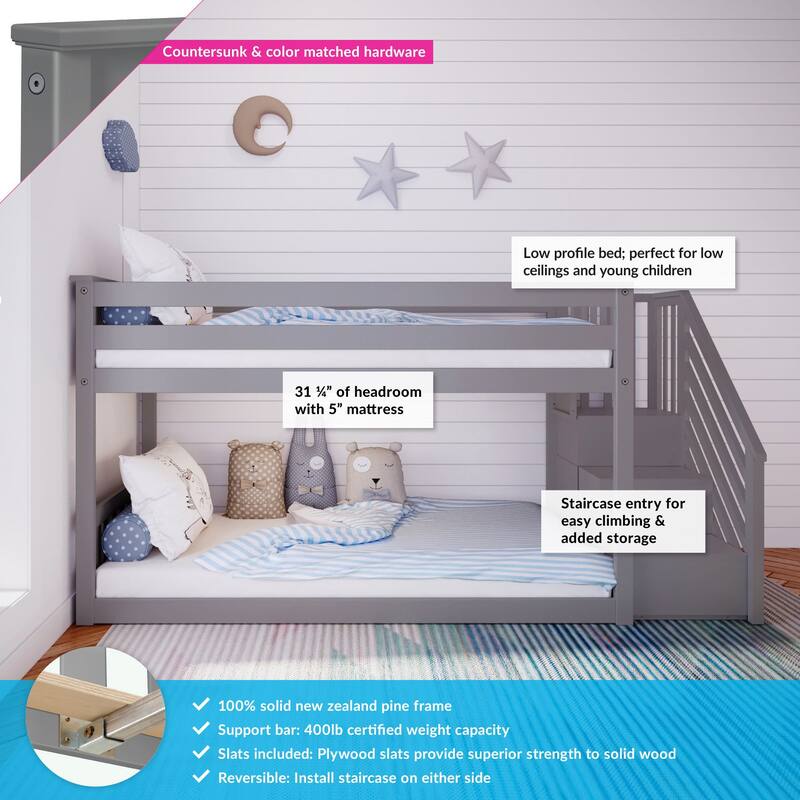 Max and Lily Twin over Twin Low Bunk Bed with Staircase