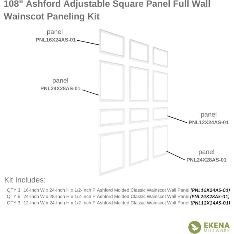94 1/2"L Ashford Square Design Full Wall Wainscot Paneling Kit - Adjustable from Heights