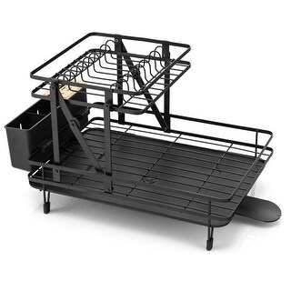 2 Tier Black Metal Foldable Dish Rack with Removable Drip Tray - 19.3 ...