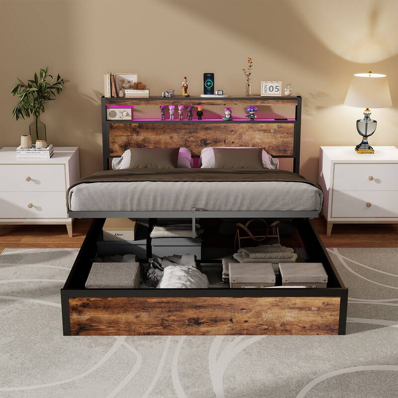 Lift Up Storage Bed Frame/Metal Platform Bed Frame with Charging Station&LED Lights/Noise-Free/No Box Spring Needed/Rustic Brown
