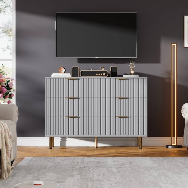 6 Drawer Fluted Dresser for Bedroom, Wide Modern Chest of Drawers, Long Double Dresser