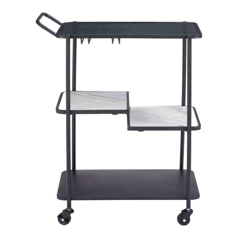 HomeRoots 25" Black Steel and Faux Marble Glass Rolling Bar Cart - 25.00 in. x 32.30 in. x 16.00 in.