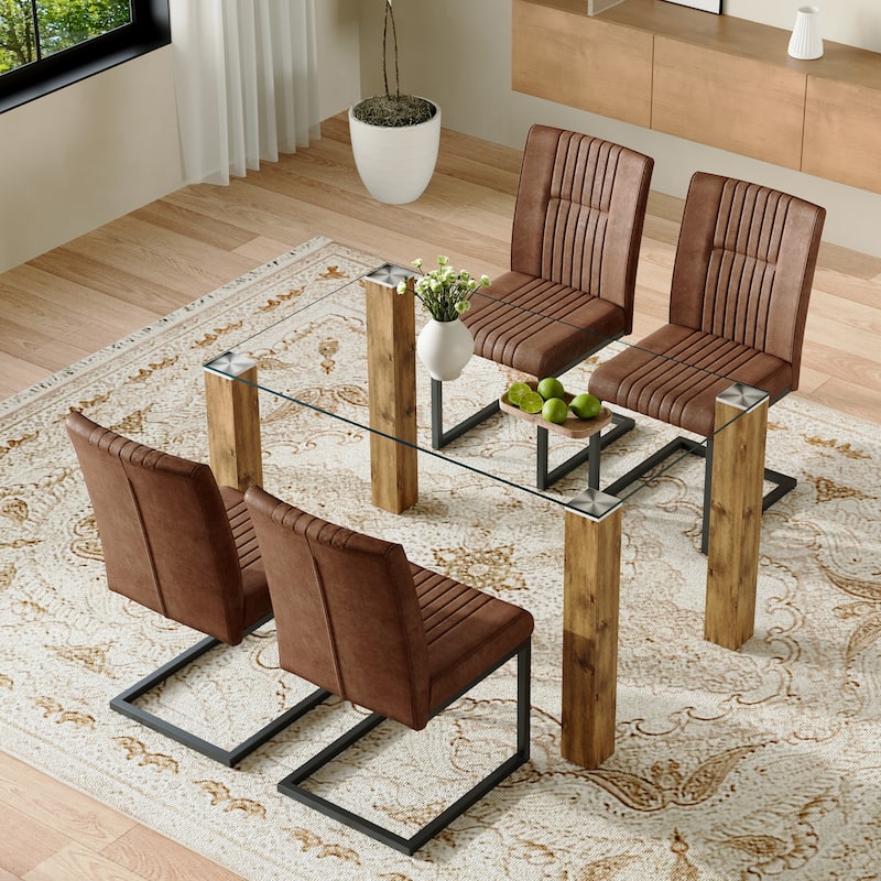 Modern Glass Top Dining Set‌– Tempered Glass Table with Wood Grain MDF Base, Paired with 4 Brown Tech Fabric Chairs