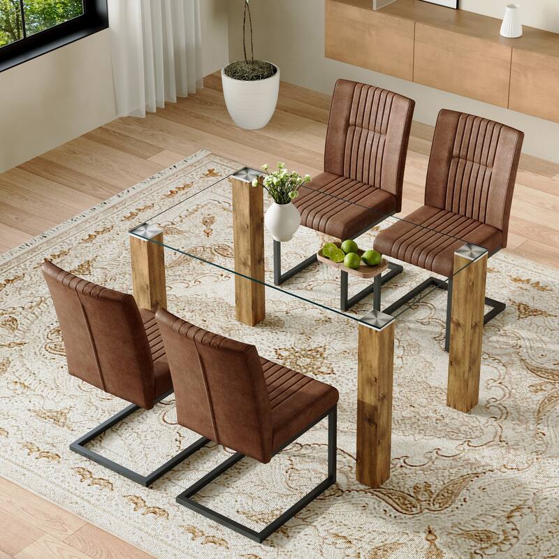 Roomfitters 5pcs Glass Dining Table Set with Wood Grain MDF Legs and Ergonomic Fabric Dining Chairs, Brown