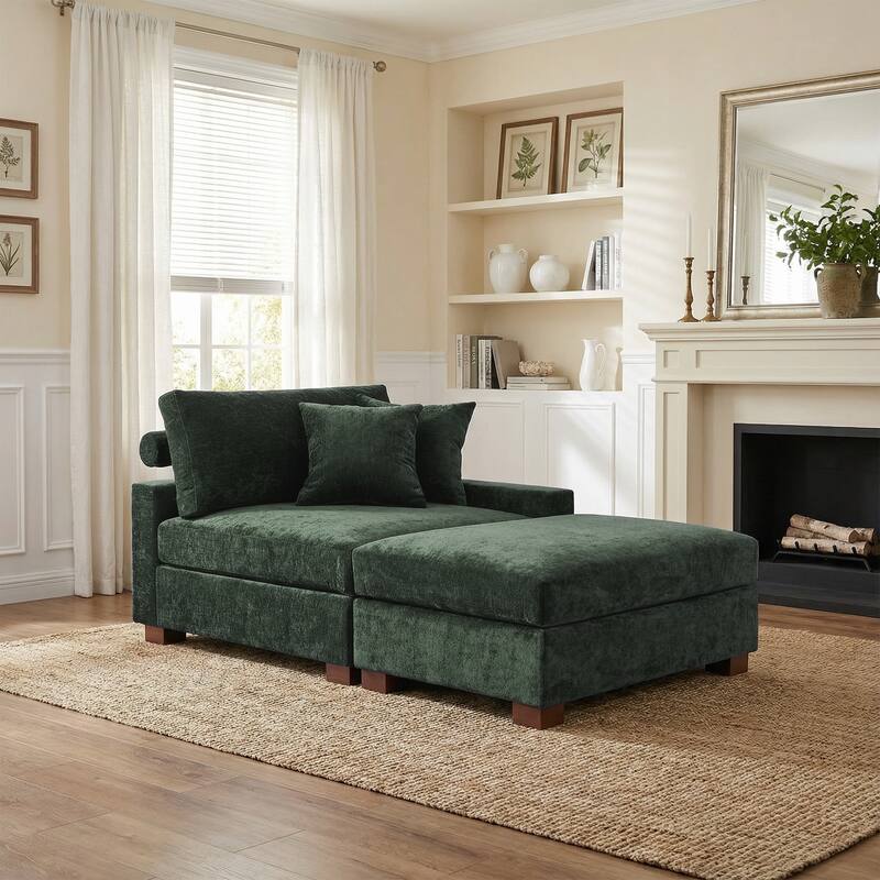 Plush Chenille Single Modular Sectional Sofa Chaise with Pillows - Green-Sofa+OT R - Right Facing