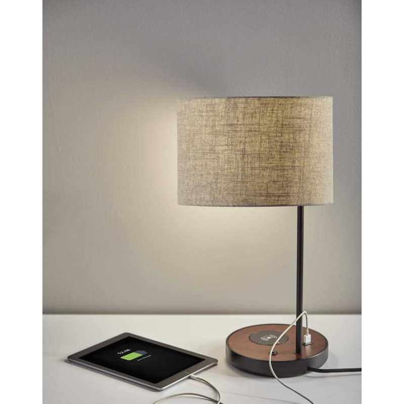 Black Metal Steel Base Table Lamp with Natural Fabric Drum Shade, USB and Wireless Charging - 11.5” x 11” x 19.5” (D x W x H)