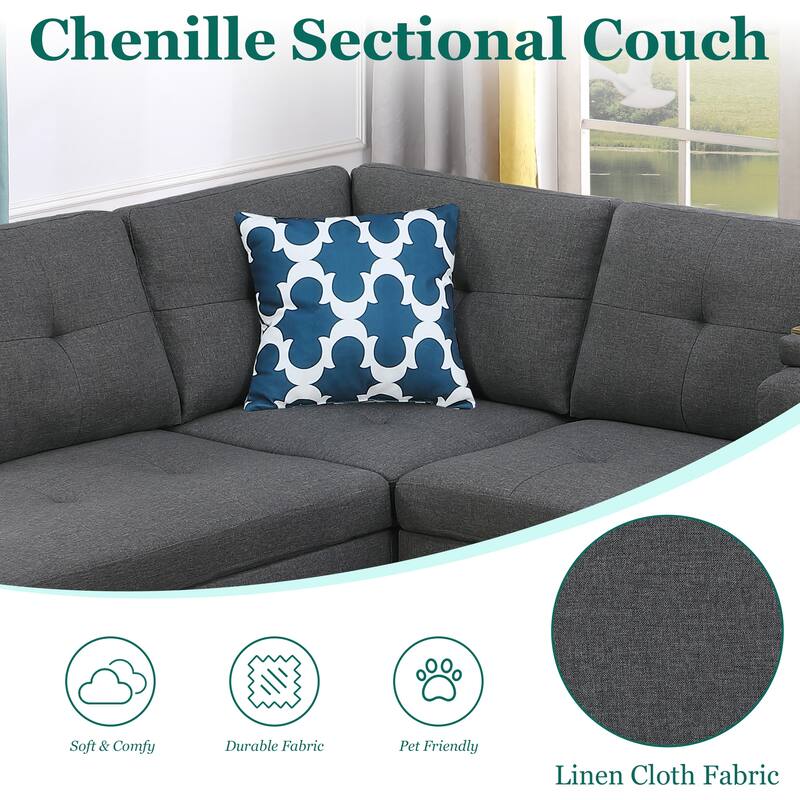 HOMEFUN Linen/Leather Upholstered L-Shaped 4-seater Multifunctional Sectional Sofa with Storage Ottoman,Cup Holder