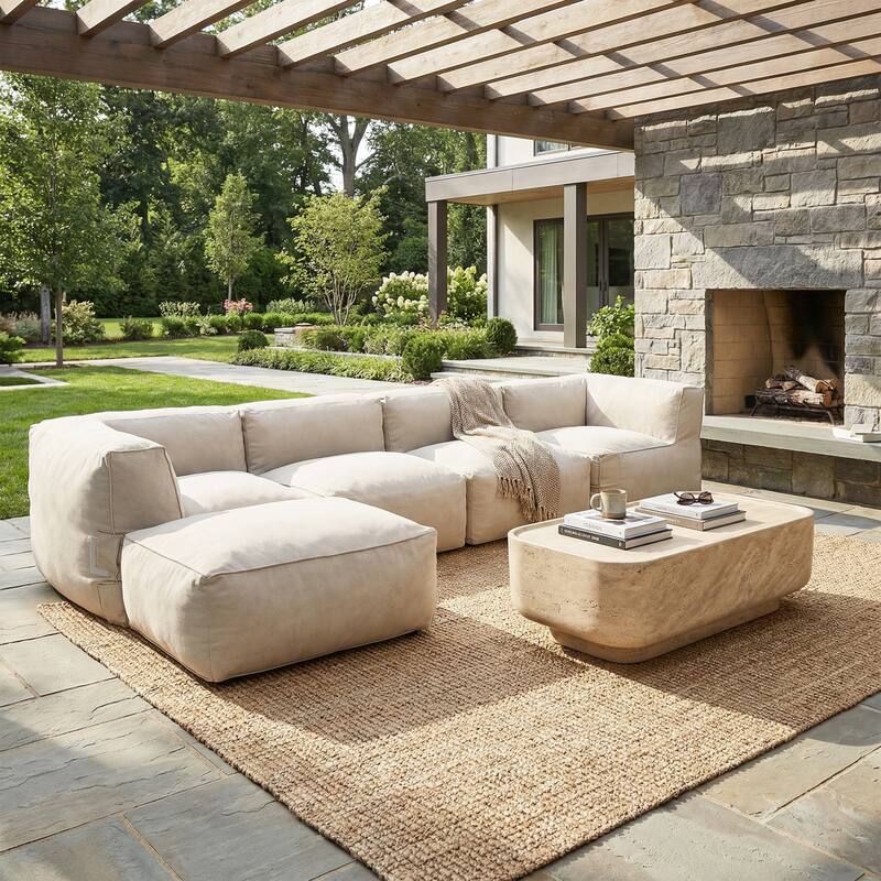 Christopher Knight Home - Nerissa 5-Piece Modular Outdoor/Indoor Bean Bag Sectional Sofa Set with Shredded Foam Filled & Ottoman