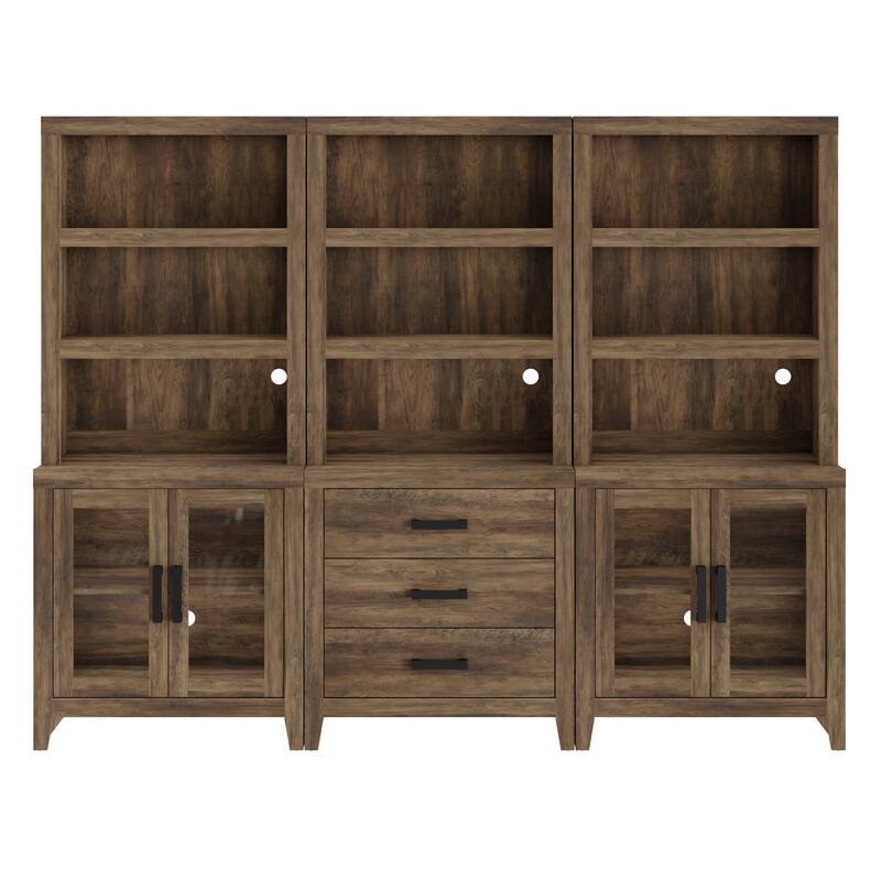 WAMPAT 74" Tall Bookshelf with Glass Doors and Drawers, Farmhouse Bookcase with Adjustable Shelves