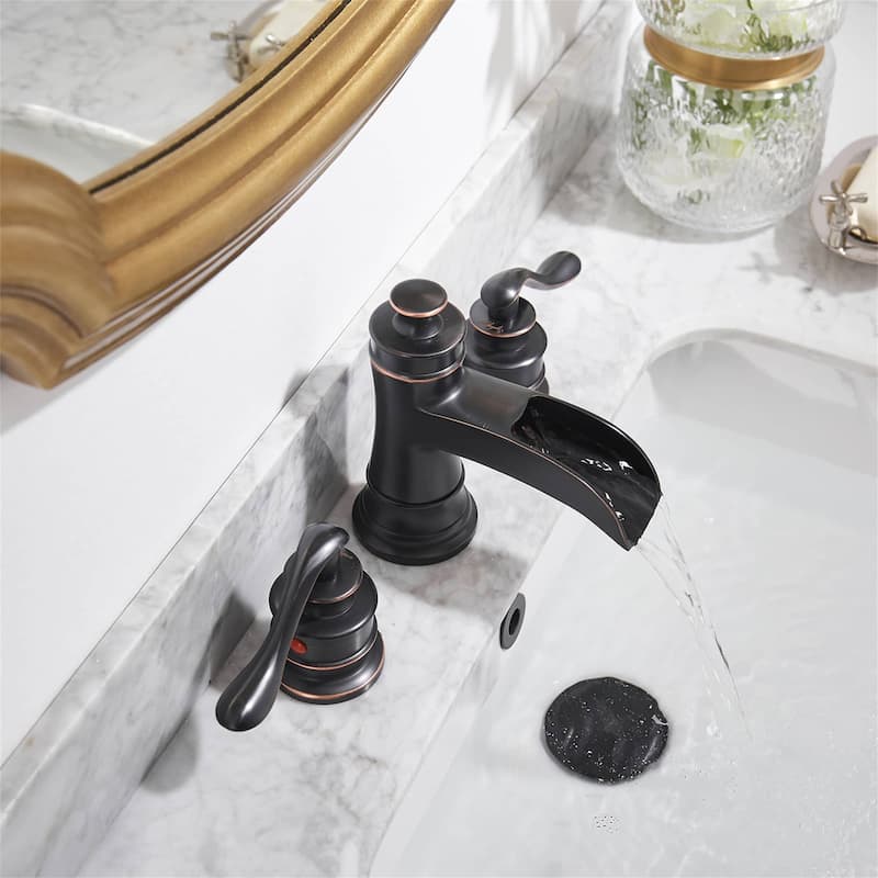 Double Handle Widespread Bathroom Faucet With Drain Assembly Waterfall Bathroom Sink Faucets 3 Holes 8 Inch Modern Vanity Taps