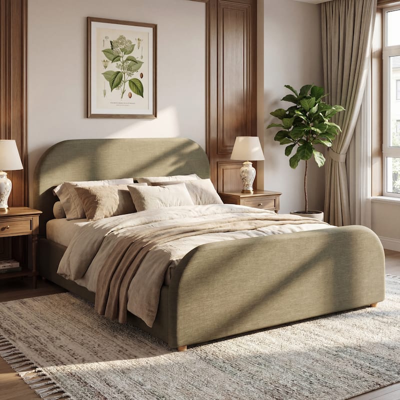 Christopher Knight Home - Thalassa Linen Bed Frame with Curved Headboard and Solid Wood Legs