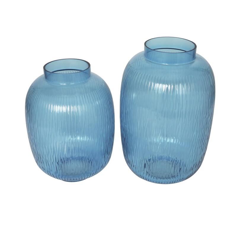 Glass Ribbed Decorative Vase - Set of 2 Blue - Roche River Decor - Blue