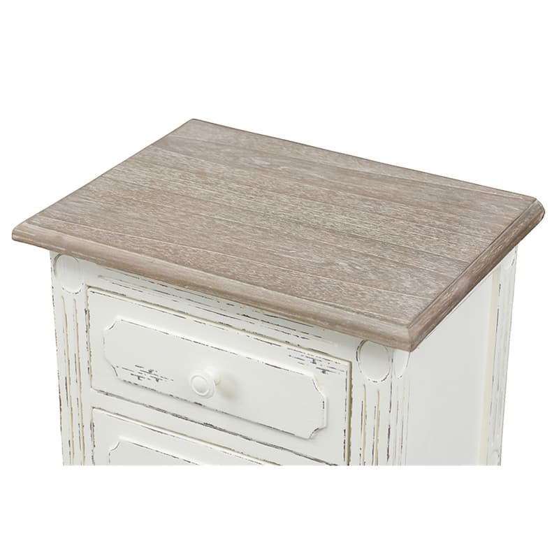 Antique Nightstand with Drawers - White Bedside Table, Mindi Wood Top, Small Space Storage