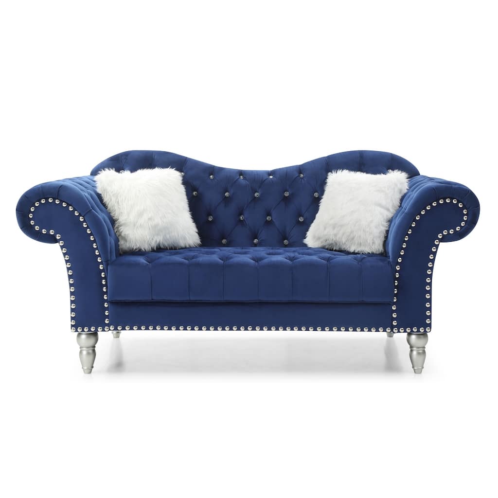 Tufted Velvet 3-Seater Sofa with Throw Pillows - 75" - Blue