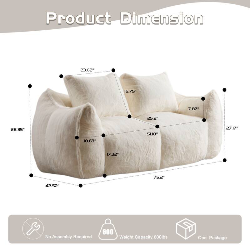 Oversized Bean Bag Sofa Reading Chair, 2-Seater Giant Bean Bag Couch with Pillows, Loveseat Chaise Lounge Sofa Chair
