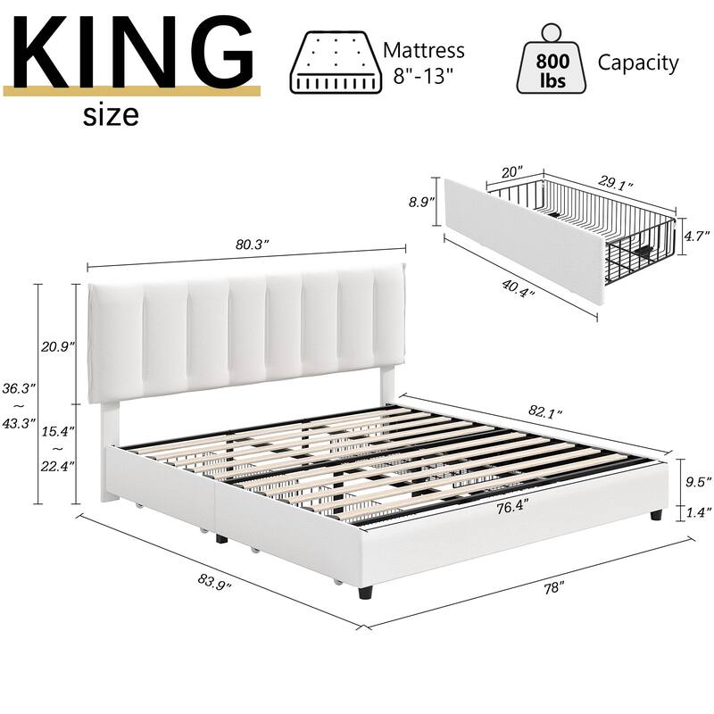 White Bed Frame with 4 Storage Drawers, Upholstered Platform Bed Frame with Adjustable Headboard