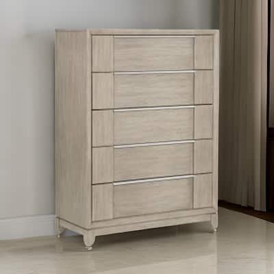 Owen 54 Inch Tall Dresser Chest, 5 Drawers Pewter Handles, Light Beige Wood