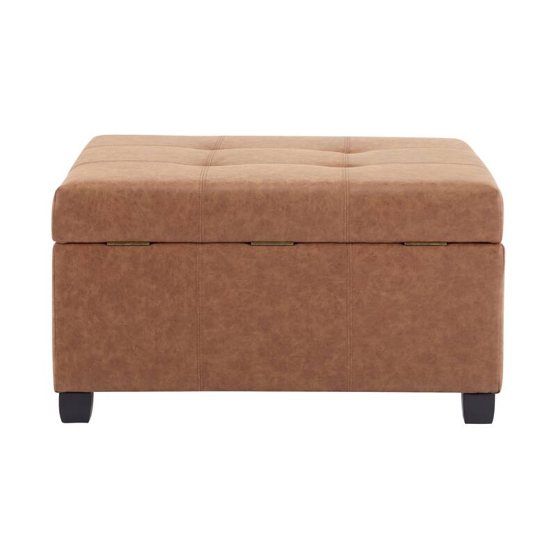 35" Square Brown PU Leather Storage Ottoman with Lift-Top & Soft-Close Lid