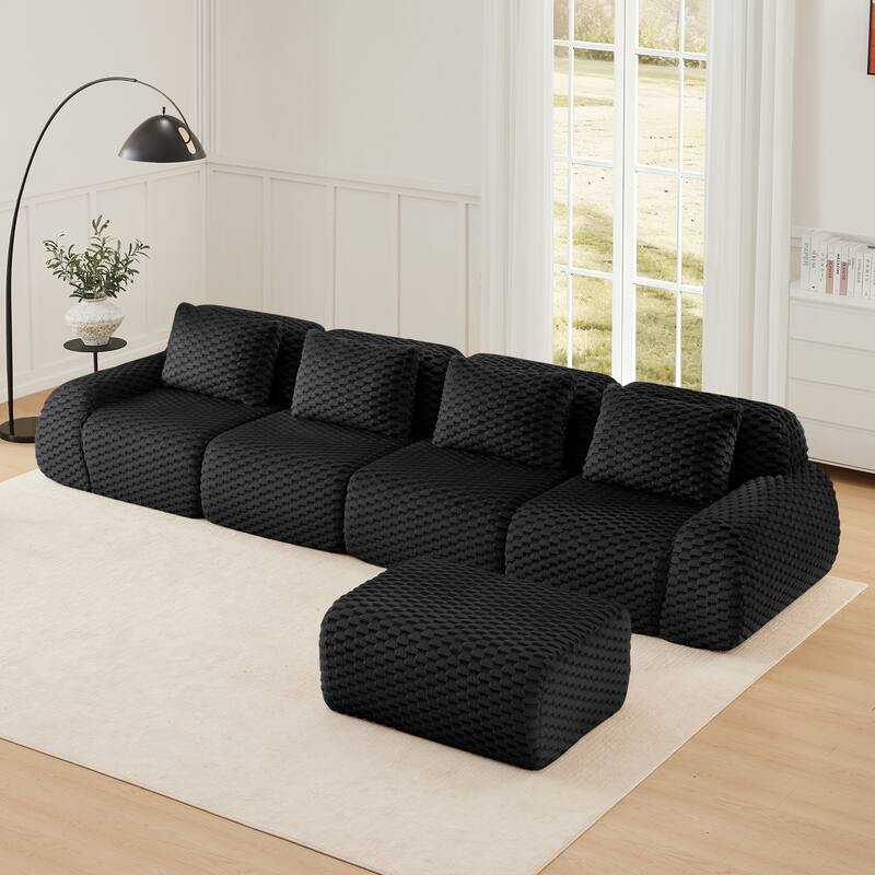 Oversized Modular Sectional Sofa with Movable Ottoman, 4 Seat Modern Flannelette Fabric Sofa Set Floor Armrests Sofa