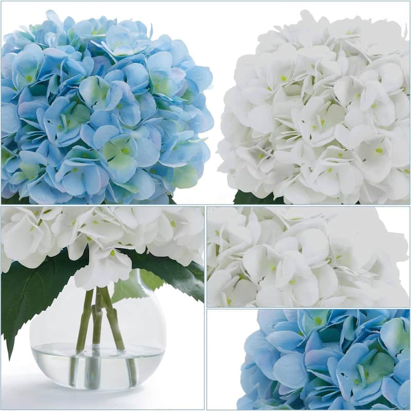 2 Pack Artificial Hydrangea Flowers in Glass Vase with Faux Water for Home Decor - 2 pcs