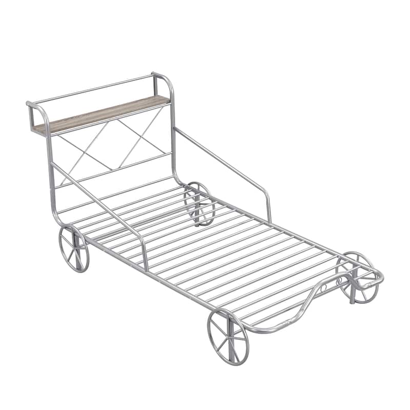 Twin Size Metal Car Bed with 4 Wheels and XShaped Frame Shelf Bed