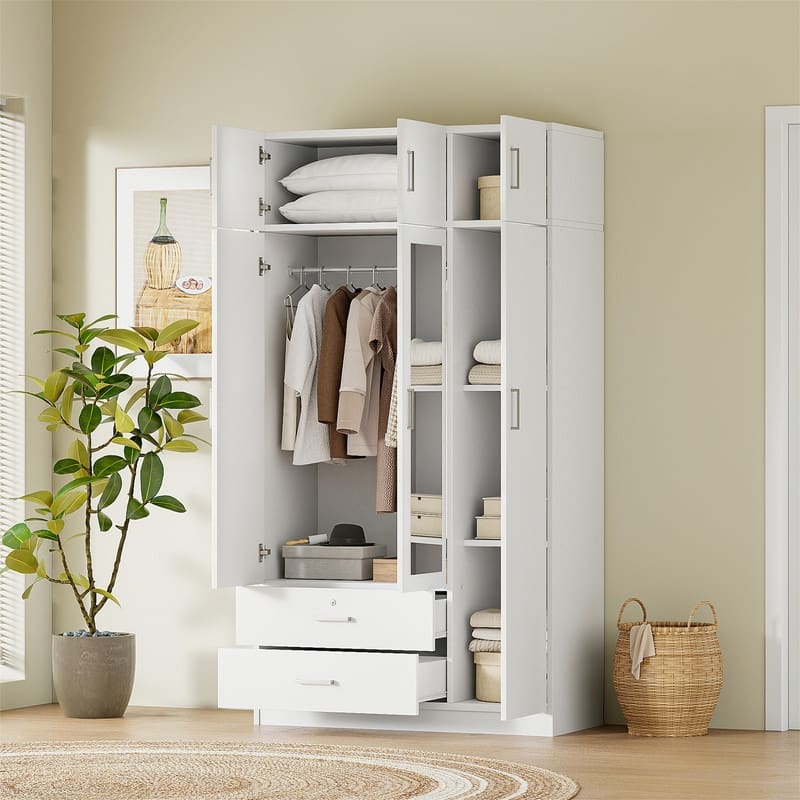 3 Door Wardrobe Closet with Mirror & Top Cabinet, Bedroom Armoire w/ 2 Drawers & Shelves, Modern Storage Cabinet w/ Hanging Rod