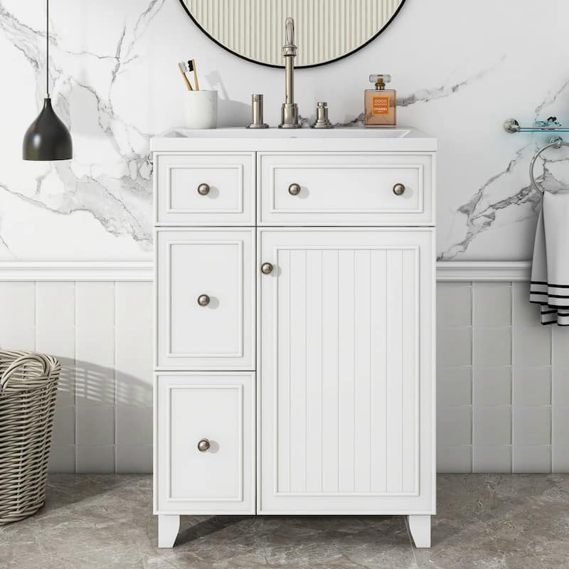 24 inch Freestanding Bathroom Vanity Set in White with Integrated Ceramic Sink - Painted - White - Single Vanities