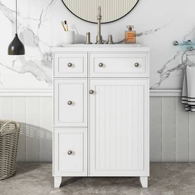 24 inch Freestanding Bathroom Vanity Set in White with Integrated Ceramic Sink