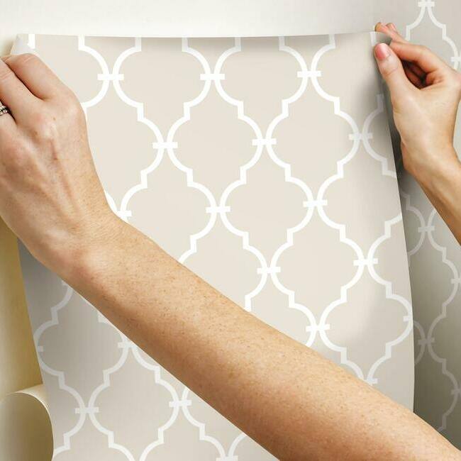 RoomMates Modern Trellis Peel and Stick Wallpaper Beige Bed Bath
