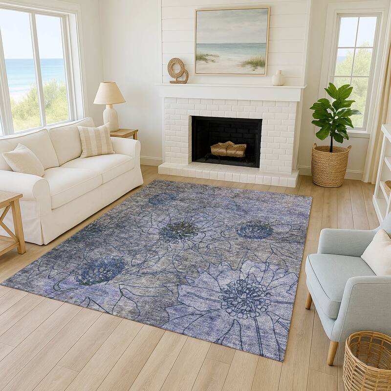 Machine Washable Indoor/ Outdoor Contemporary Floral Chantille Rug