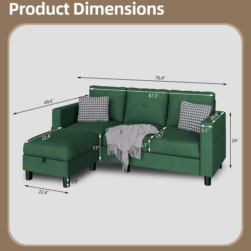 Futzca Linen Upholstered L-shaped Sectional Sofa w/ Reversible Chaise