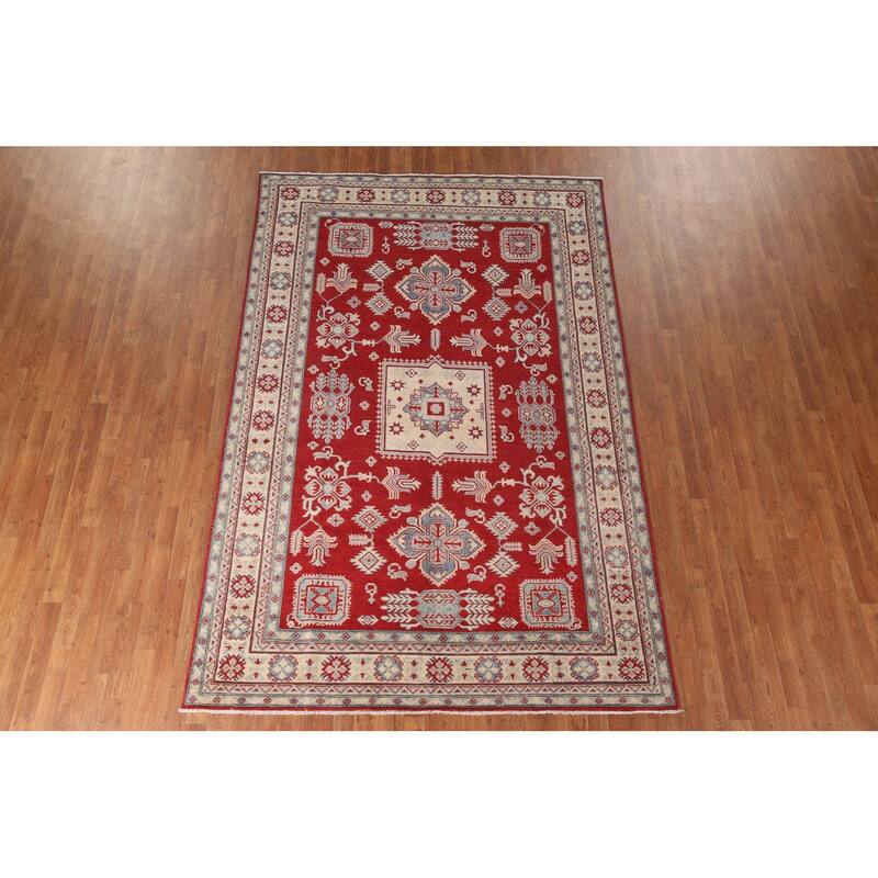 Red Geometric Kazak Living Room Area Rug Hand-Knotted Wool Carpet - 6'7" x 10'1"