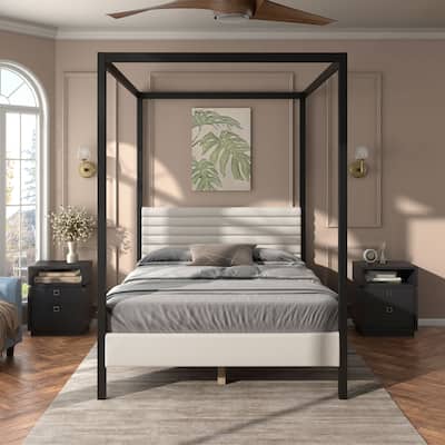 DH Basic Modern Metal Canopy Queen Platform Bed with Channel Tufted Upholstered Headboard by Denhour