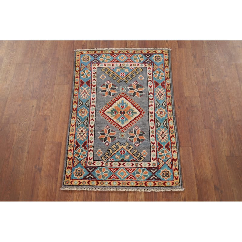 Gray Kazak Accent Rug Handmade Wool Carpet - 1'10" x 2'9"
