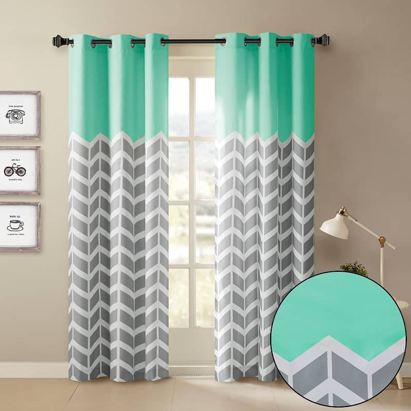 Chevron Printed Room Darkening Grommet Top Panel - Aqua
