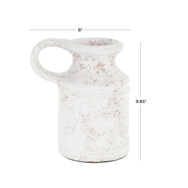White Ceramic Antique Style Textured Decorative Vase with Terracotta Accents and Ring Handle