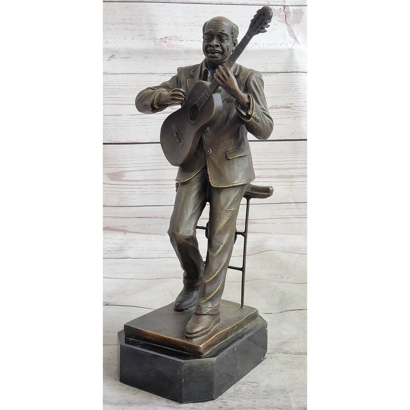 African American Black Folk Musician Playing Guitar Bronze Sculpture Statue Figure Art